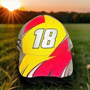 NASCAR Kyle Busch 18 Joe Gibbs Racing M&Ms Hat Yellow Red Tan Adjustable Cap